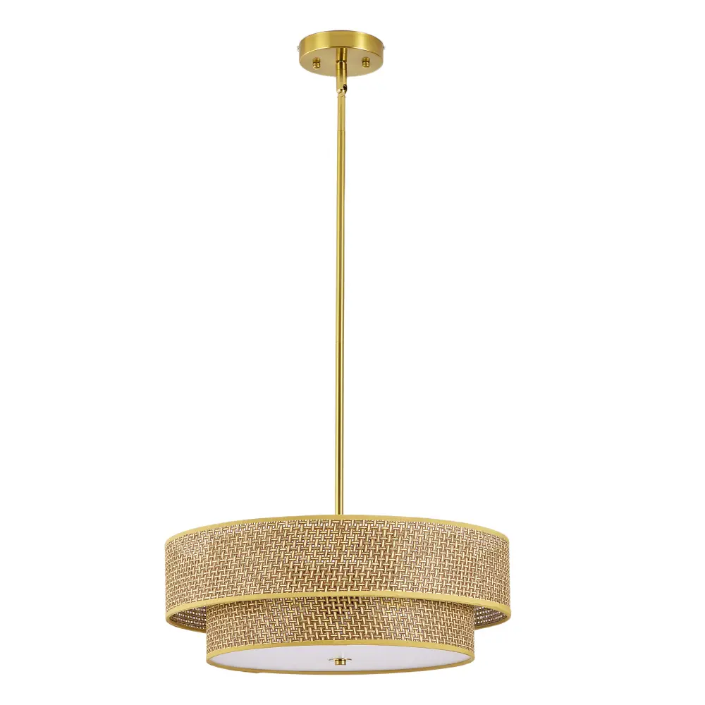 4-Light Rattan Weave Handwoven Craft Drum Chandelier, 19.7" Dia. Farmhouse Boho Lamp with Fabric Shade, Dimmable Decorative Lights Home Decoration Lamp for Indoor Dining Room, Living Room, Indoor Light