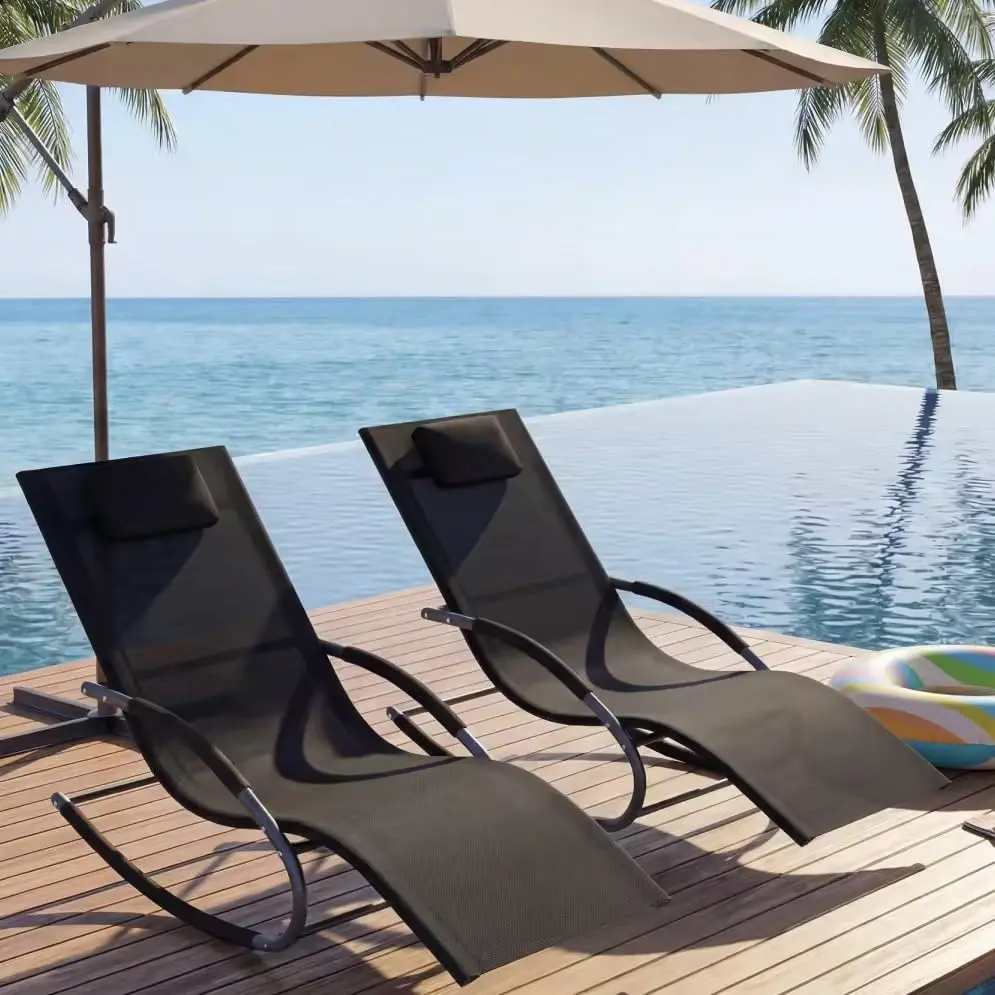 Adjustable Outdoor Lounge Chairs Set of 2 with Pillow – All-Weather Steel Frame, Breathable Mesh, Ergonomic Patio Chaise for Pool, Garden, Yard – Black