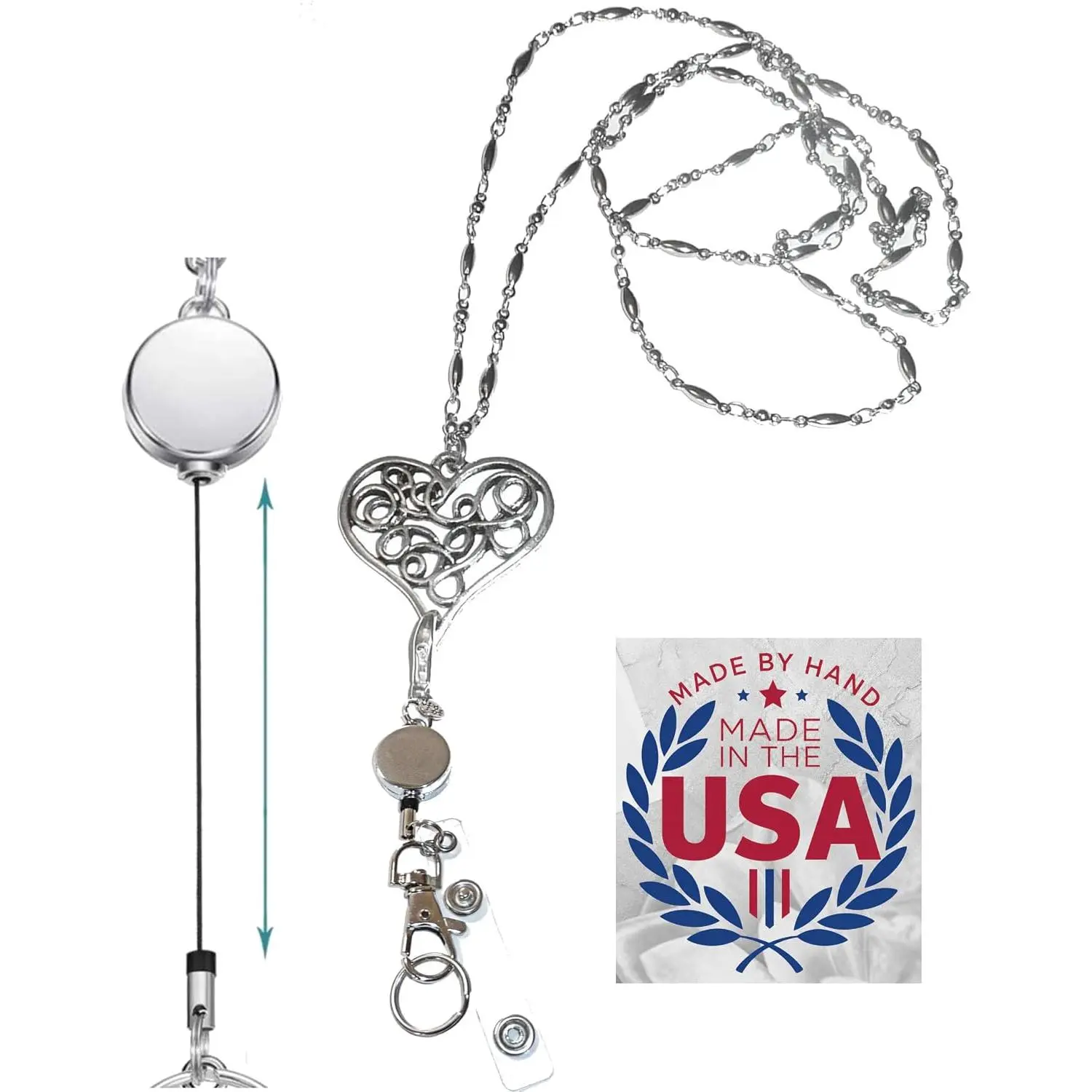 Women's Lanyard  Stainless Steel Chain Heart Hand Made , 34" ID Badge Breakaway Card Holder