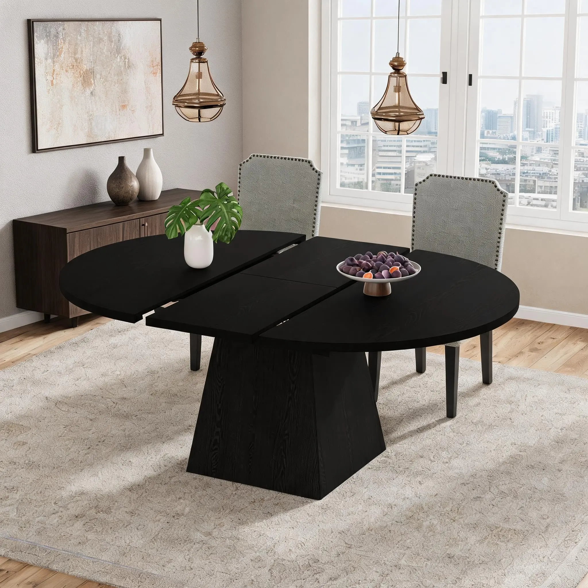 Garvee Round Extendable Dining Table - Thick-Top Circular Table with Square Pedestal Base, 47-160 cm Adjustable Length for 4-6 People, Modern Home Decor for Family Meals