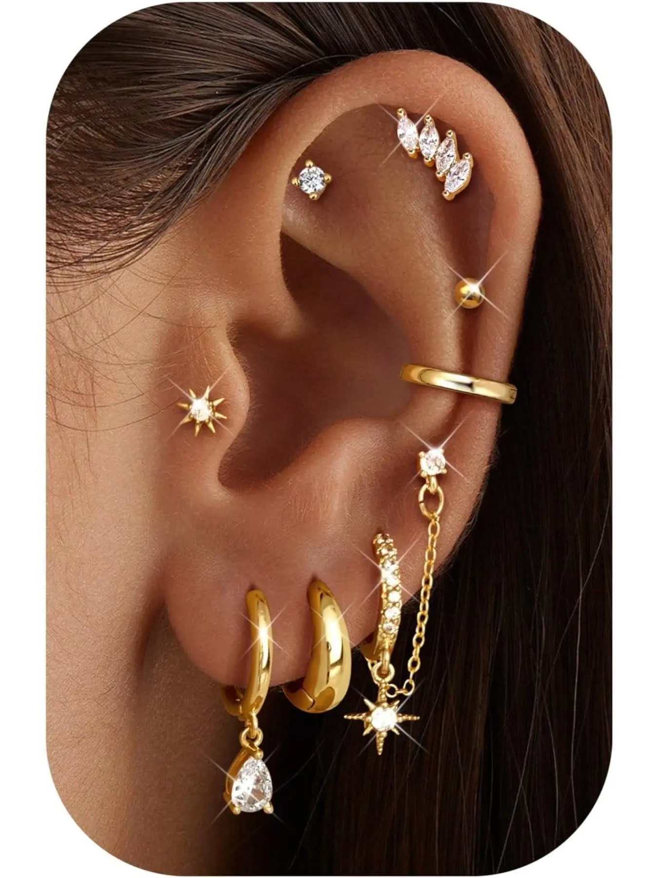 Gold Earrings for Women Stainless Steel Dangle Drop Stud Earring Jewelry Chain Hoop Huggie Earring Hypoallergenic Tragus Helix Piercings Gold Silver Earrings Set for Multiple Piercing 8Pairs