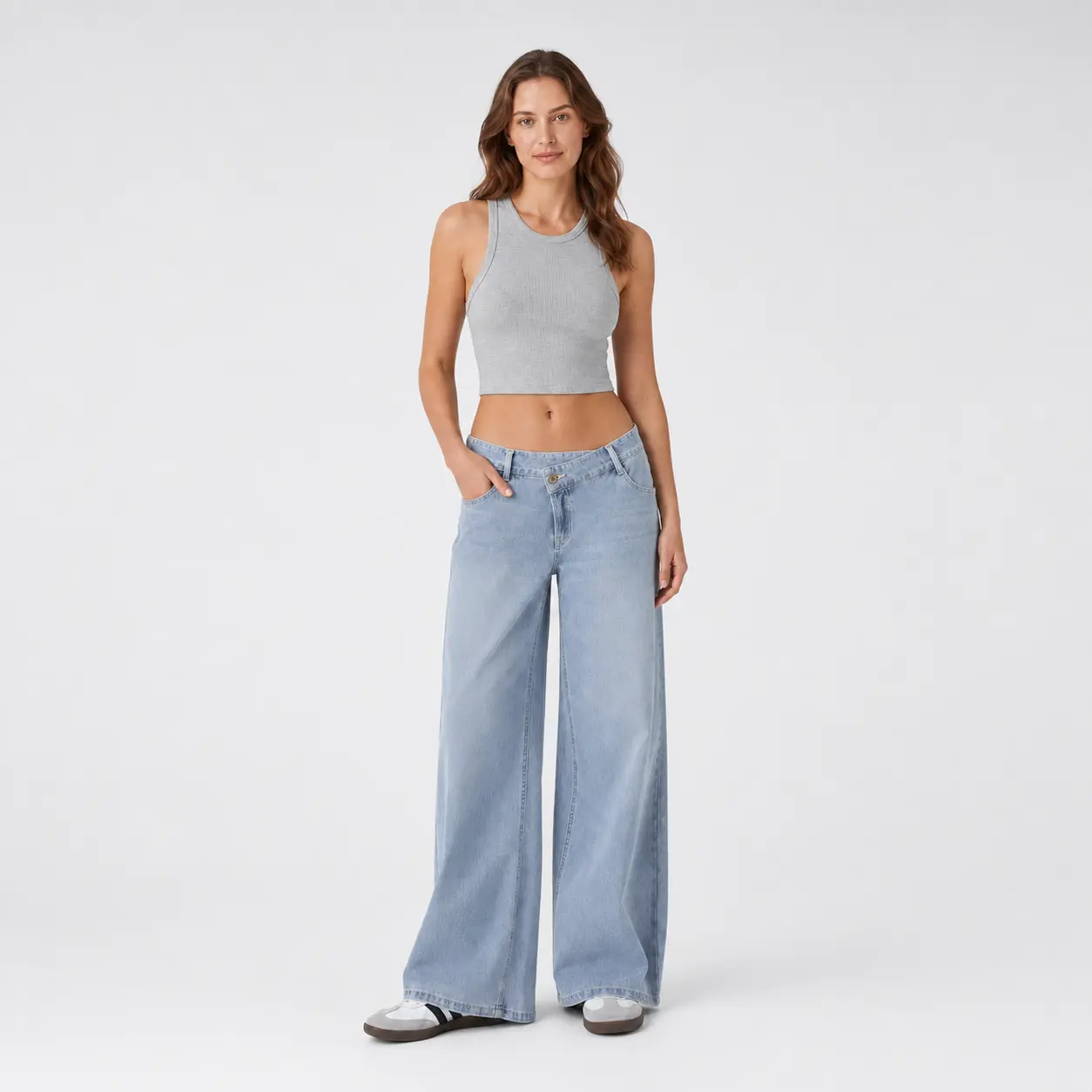 Women's Light Blue Wash Wide Leg Jeans, Asymmetrical Crossover Waist Low Rise Baggy Denim Pants, Y2K Vintage Loose Fit Full Length Boyfriend Jeans with Pockets, Casual Streetwear Everyday Outfit, Trendy 90s Jeans for Women, Spring Summer Fall Fashion