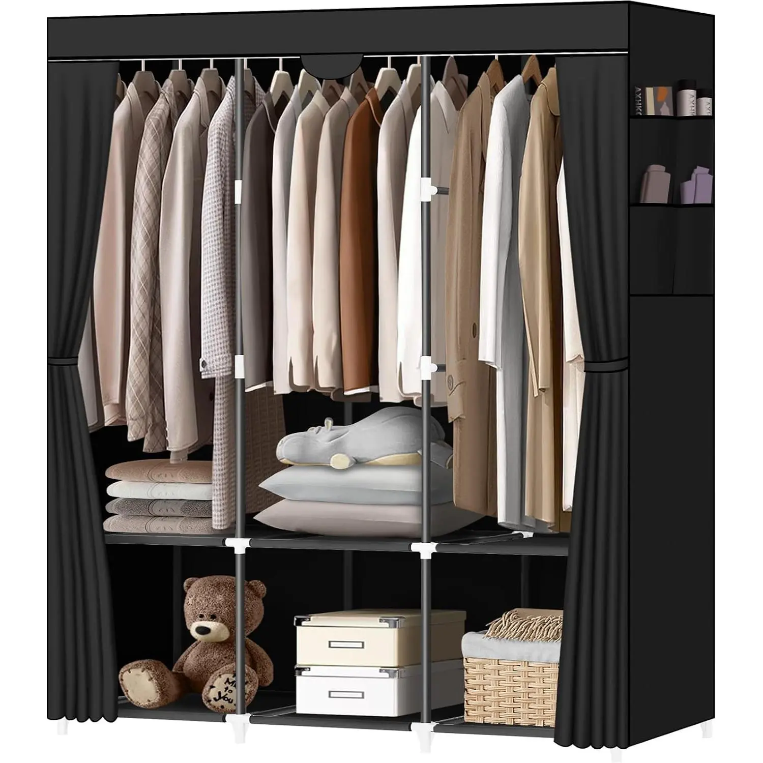 Portable Closet, Portable Closets for  Clothes with 3  Rods and 6 Storage Shelves and 4 Side Pockets, Black Wardrobe Closet Easy to Assemble and  and