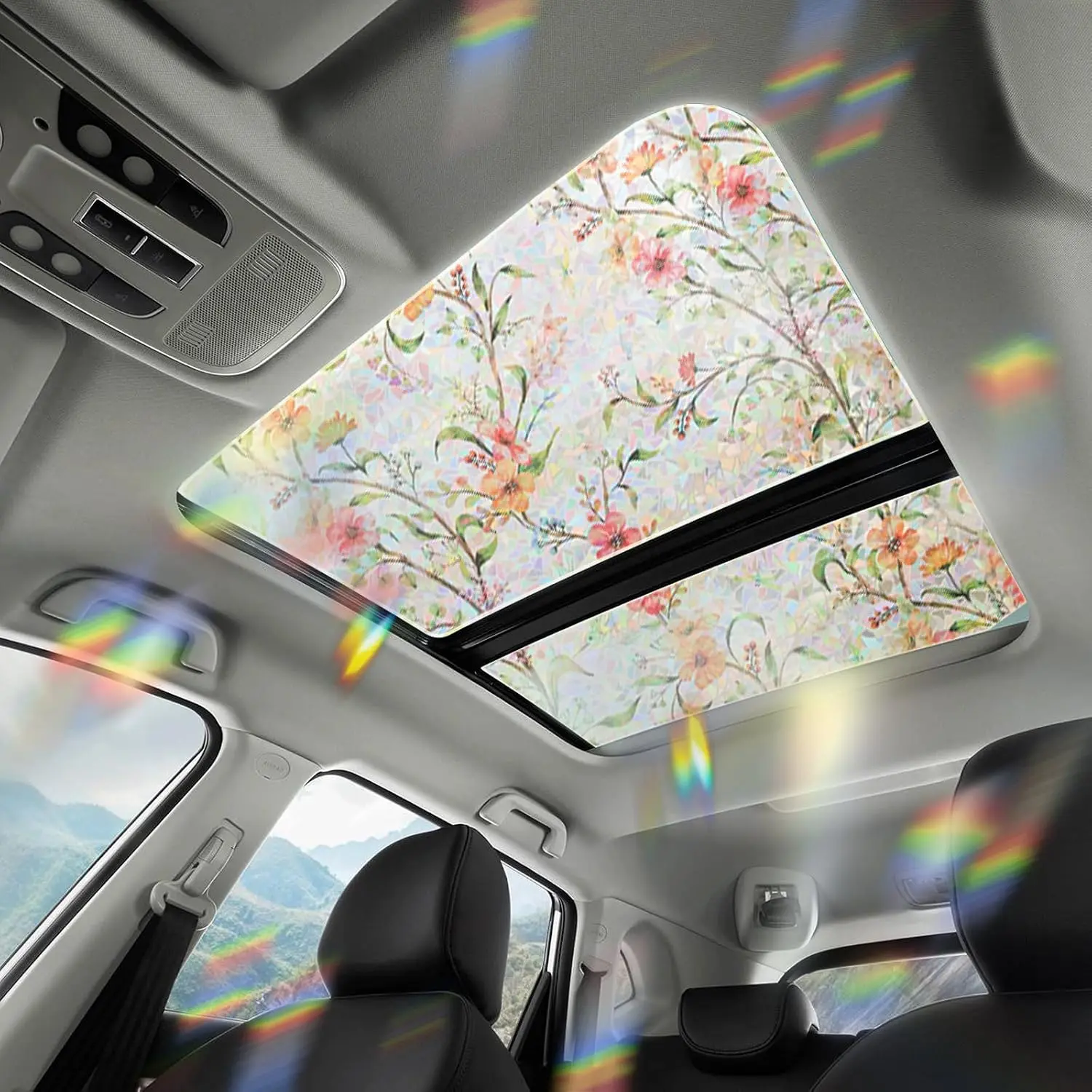 Automotive Floral Pattern Static Cling Sunroof Film, 17.72x35.43in Synthetic Stained Glass Window Film with Sun Protection, Easy Install for Moonroof (Model F815)
