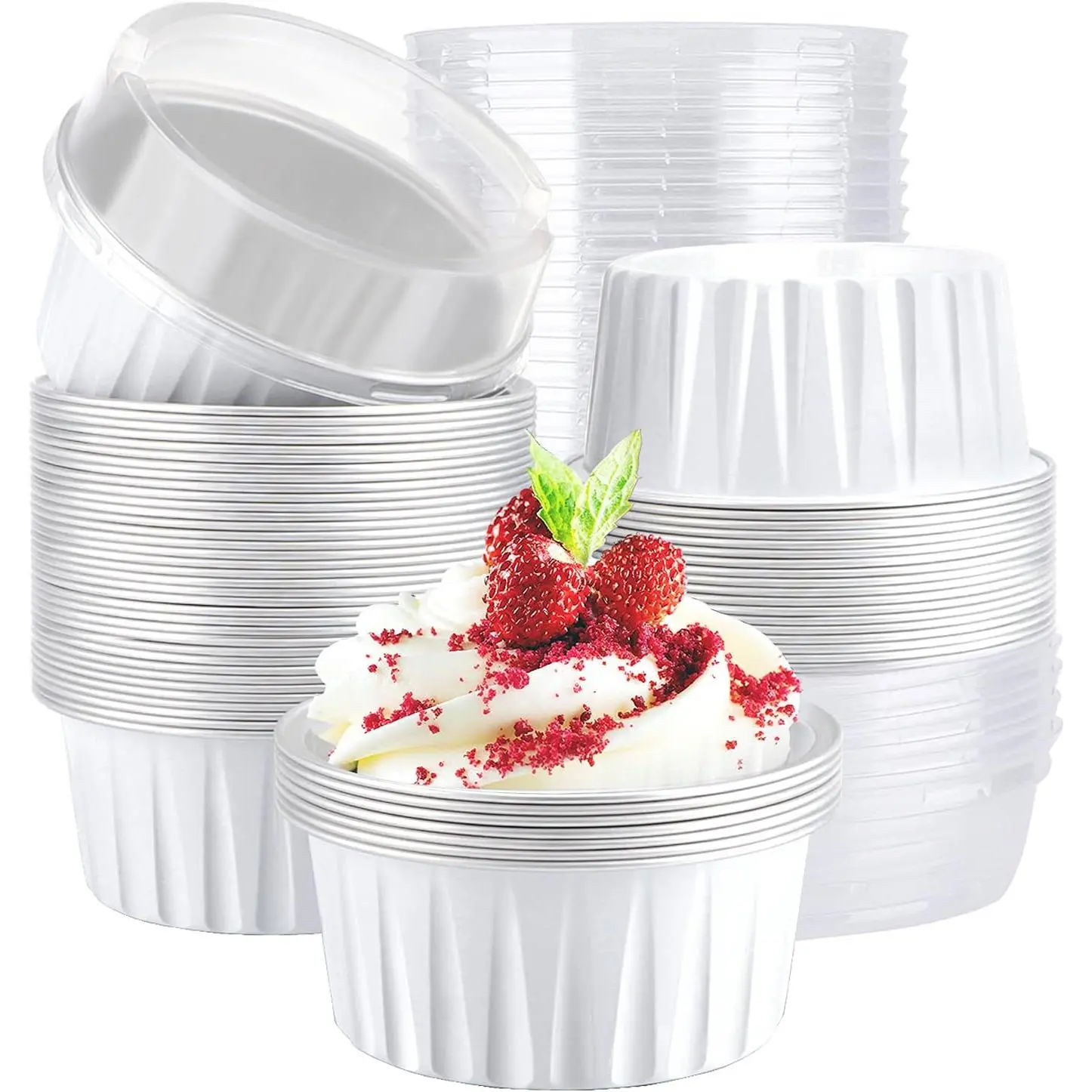 Cupcake Cups with , 5oz 50 count Disposable Desserts Flan, 3.34x2.59x2.35" Baking Cups with ,  Foil Desserts Cupcake Flan, Catering Gathering Shower Favor-White