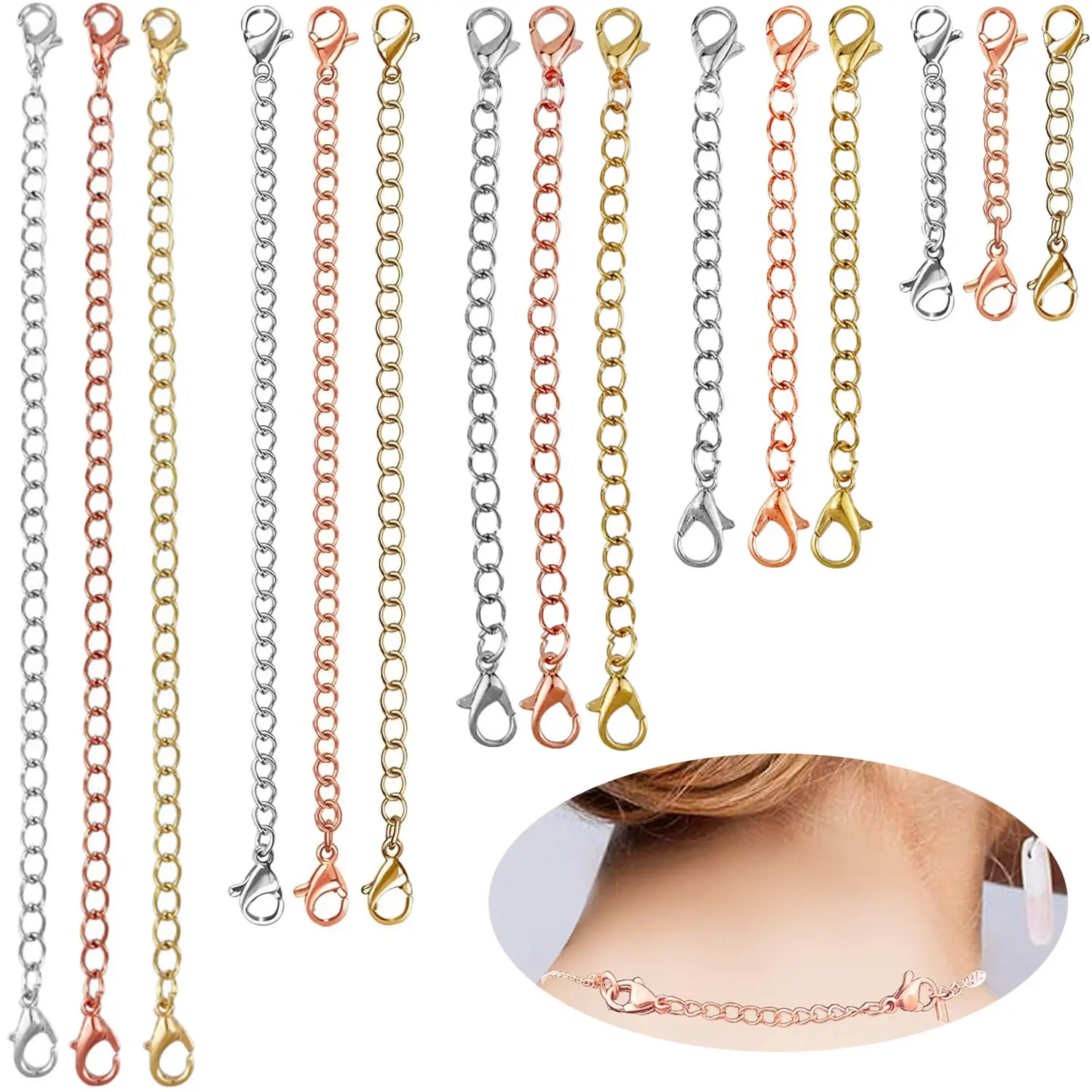 Necklace Extender, 15 PCS Chain Extenders for Necklaces, Premium Stainless Steel Jewelry Bracelet Anklet Necklace Extenders (5 Gold, 5 Silver, 5 Rose Gold), Length:  2" 3" 4" 5" 6", Chain Accessories, Jewelry Making Supplies