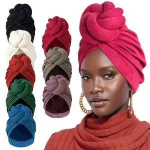 Thick Fleece 3D Flower Knotted Turban Soft Warm Stretch Head Wrap Women Winter Hair Cover For Church Party Chemo Hair Loss