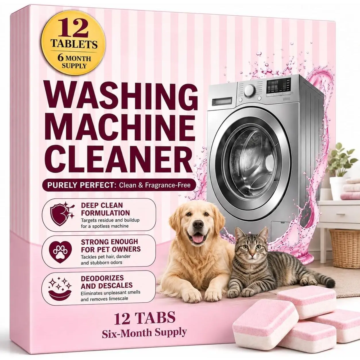 Washing Machine Cleaning Tablets - Deodorizer, Limescale Remover & Septic-Safe Formula for HE, Front Load & Top Load Washers - 12 Tablets, 6-Month Supply