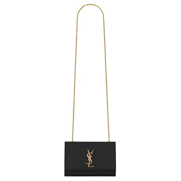Saint Laurent YSL Kate Logo Chain Crossbody Bag for Women, Grained Leather, Small Size, Black