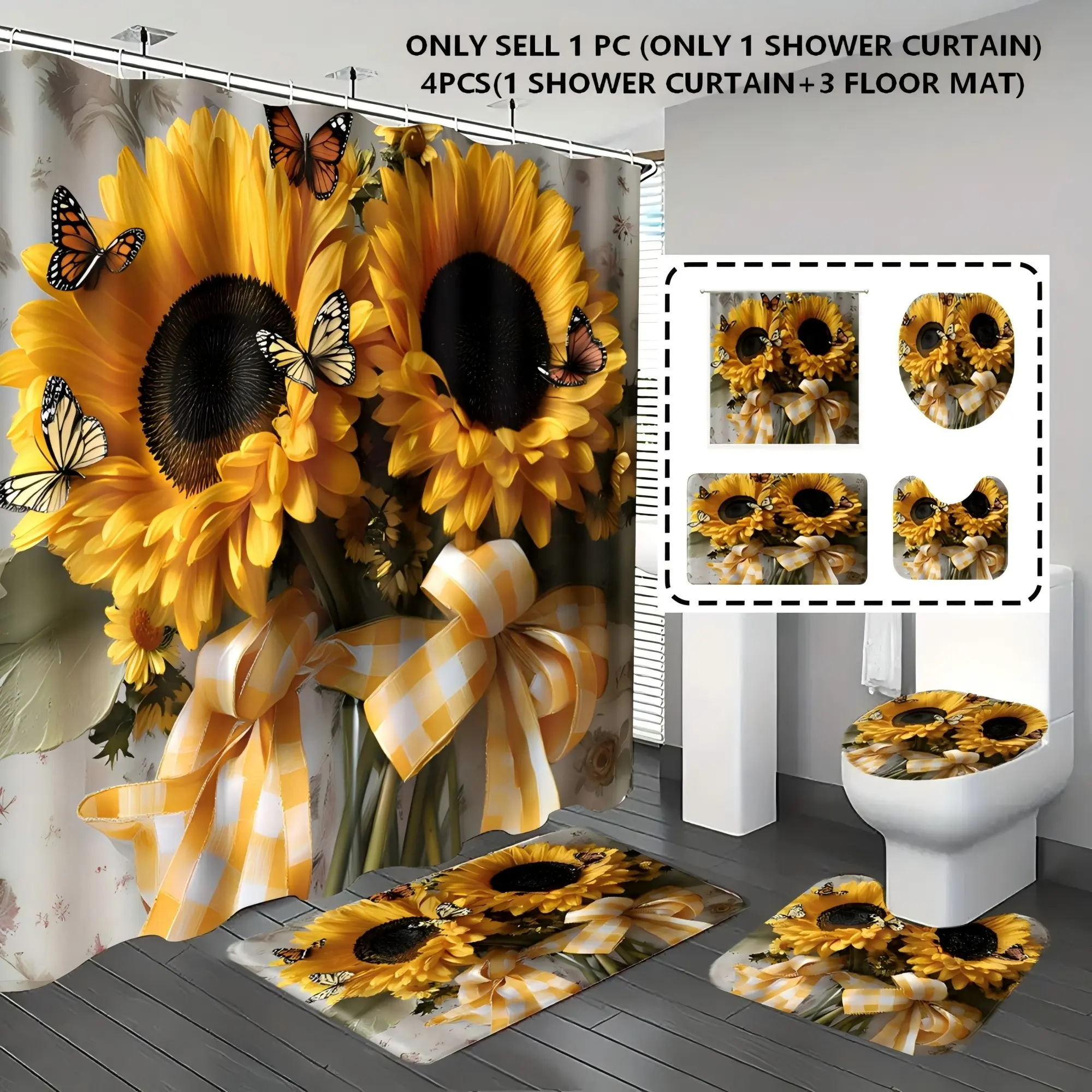 [Popular Choice] 1pc/4pcs, bathroom curtains shower, bathroom set, shower curtain set, shower curtains, Summer Shower Curtains For Bathroom, bathroom rug, bathroom mat, sunflower pattern, ethnic theme decoration, with 12 hooks.