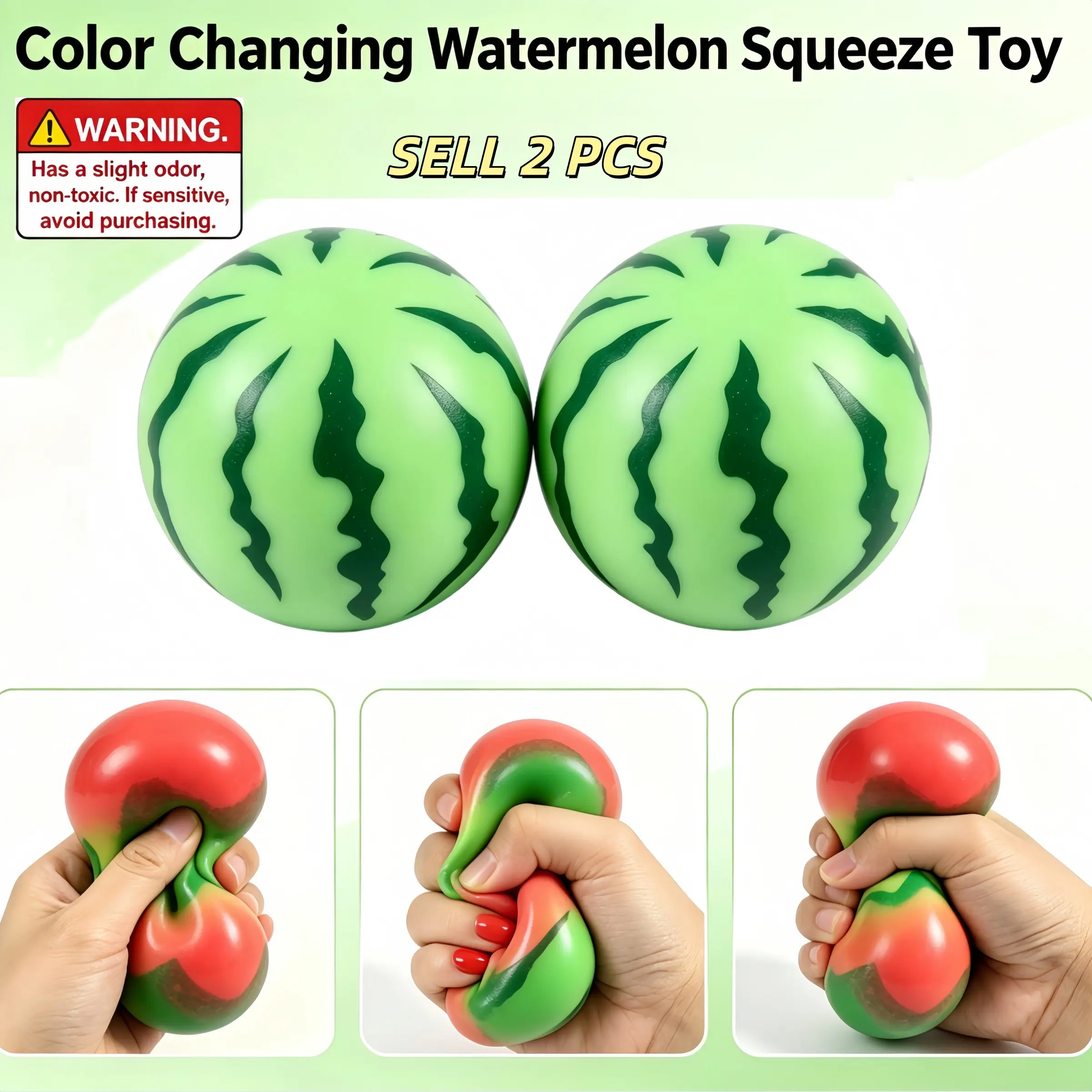 2 Pack Squeeze Color Changing Watermelon Squishy Toy, Decompression Squishy, Realistic Fruit Stress Relief Ball, Soft Rubber Anxiety Relief Toy, Perfect Gift for Adults & Kids