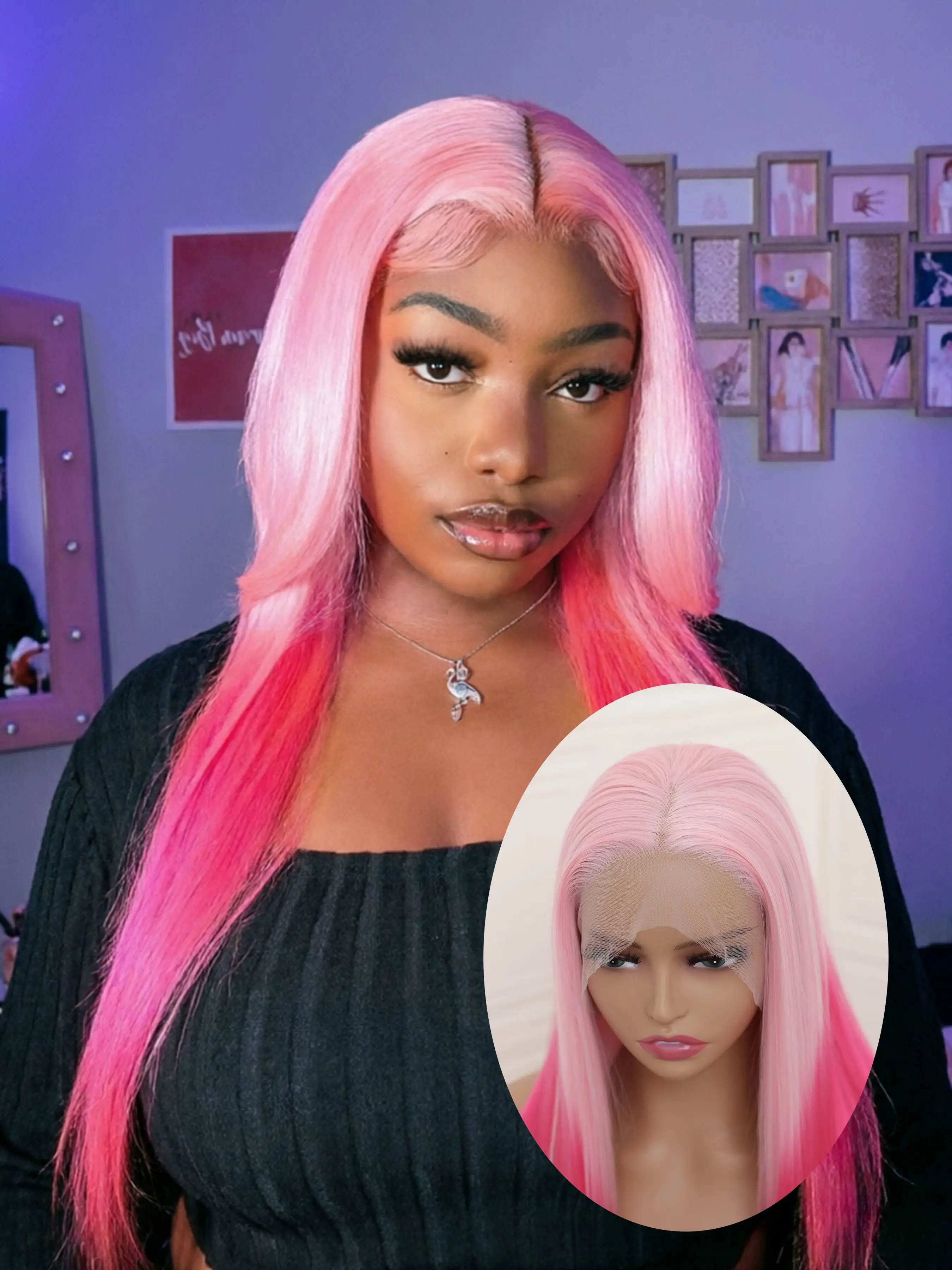 Ombre Pink Straight Synthetic Lace Wig Silk Straight Heat Resistant Fiber Gradient Pink Color Lace Front Wigs for Women Men Party Cosplay Wear Pink Ombre Hair Premium Synthetic Hair
