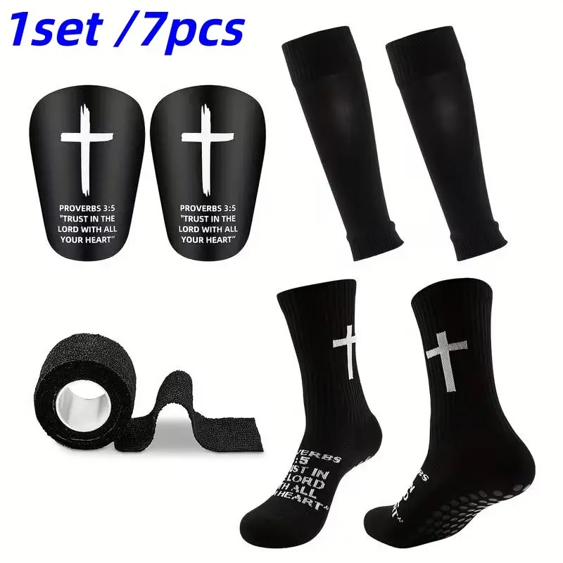 7-Piece Neutral Soccer Gear Set, Comfortable Sports Socks, Protective Leg Guards, Knee Pads, Bandages, Ideal for Outdoor Activities, Soccer Equipment