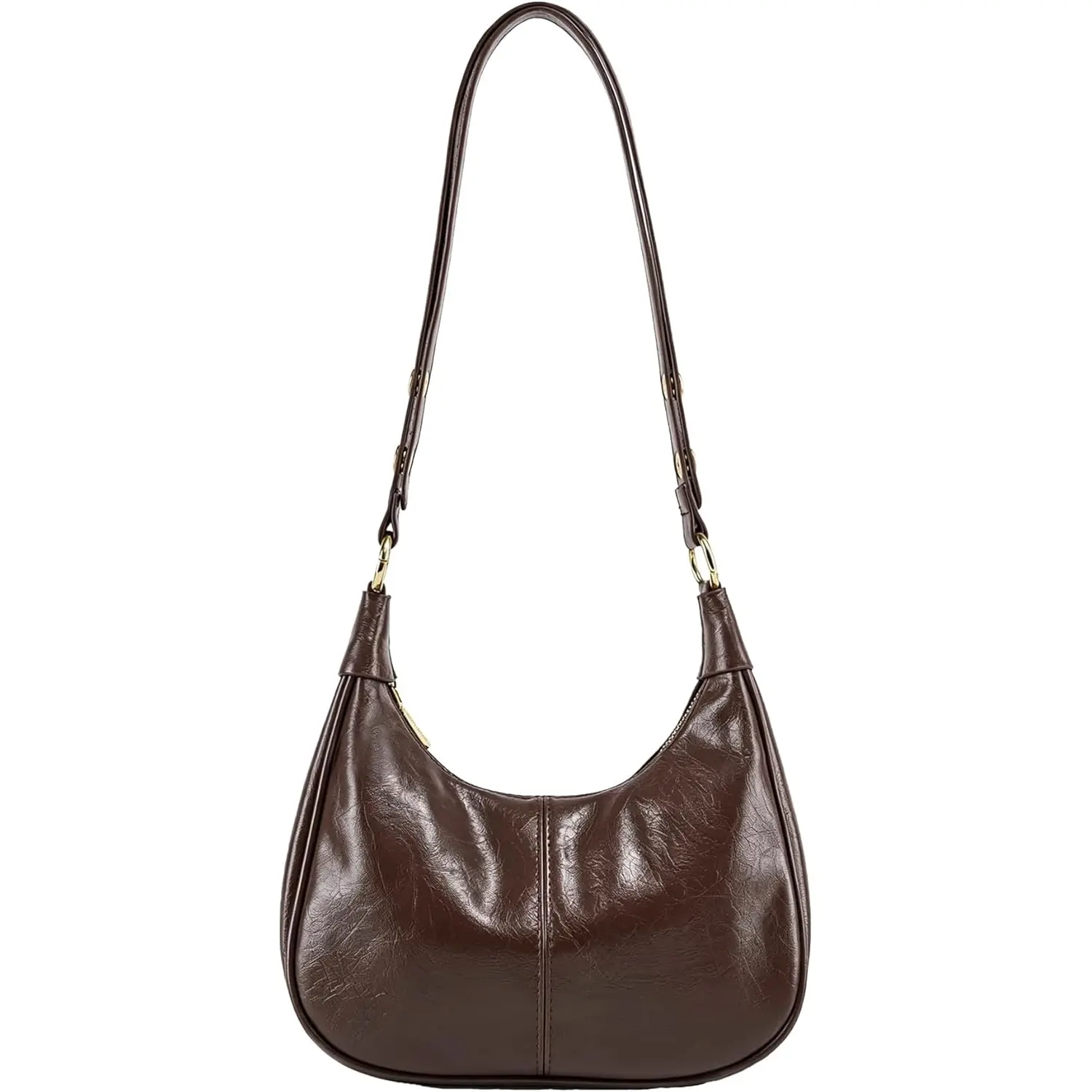 Women's Minimalist Compact Retro Crescent Vegan PU Leather Hobo Shoulder Everyday Bag - Brown, Adjustable Strap, Zipper Closure, Multi-Compartment, for Evening Festive Parties, Casual Daily Use