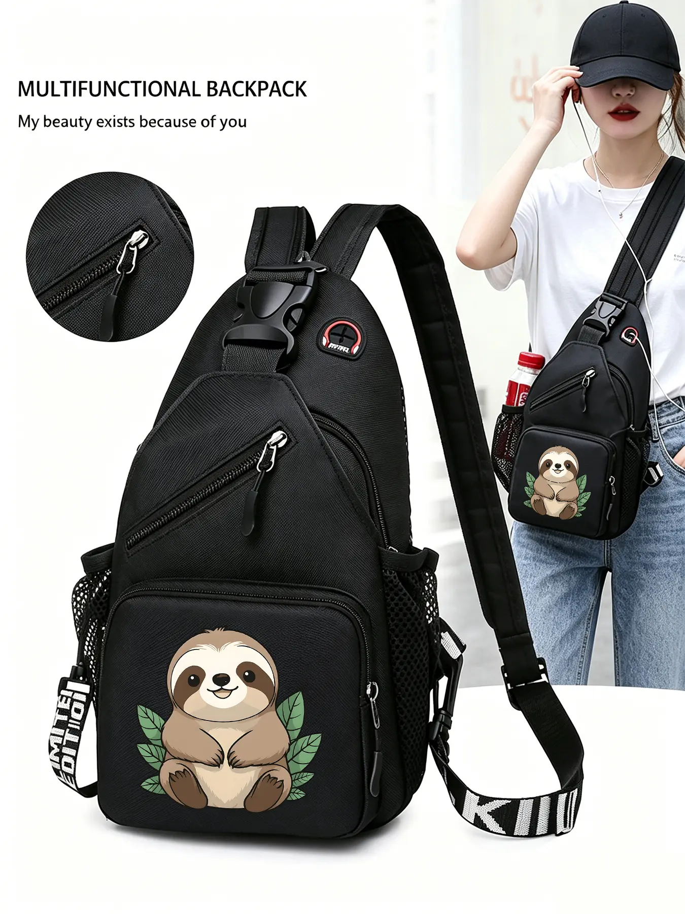 Sloth Patterned Convertible Crossbody Bag/backpack, Multi-functional Chest Bag with Convertible Zippered Shoulder Strap, Multiple Pockets, Suitable for Travel, Sports, and Daily Commuting, Casual Trendy Bag