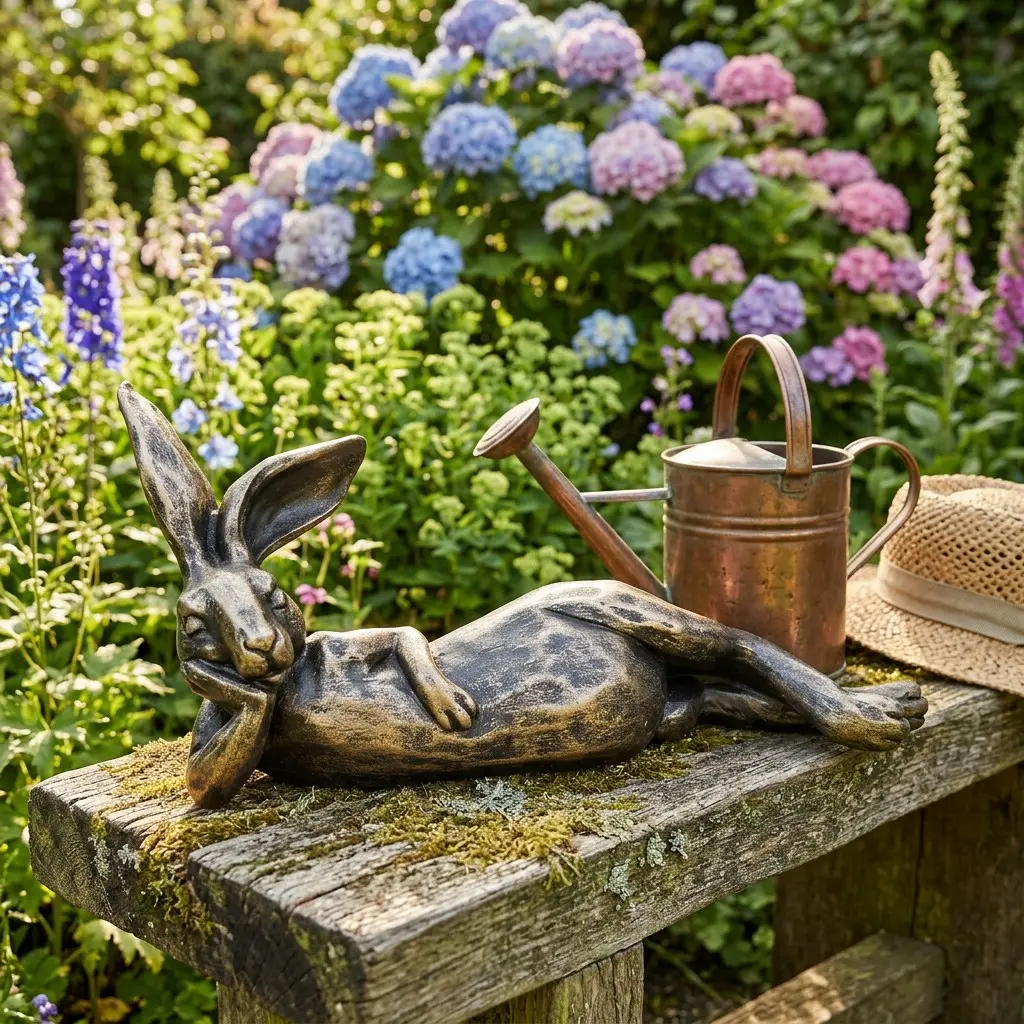 Lounging Rabbit Garden Statue, 12.6" Faux Bronze Reclining Hare Sculpture, Resin Sculptures, Rustic Animal Figurine for Outdoor Patio Lawn Vintage Home Decor, Animal Tabletop Ornament for Sunroom Entryway, Easter Housewarming Gift Idea, Resin Statue