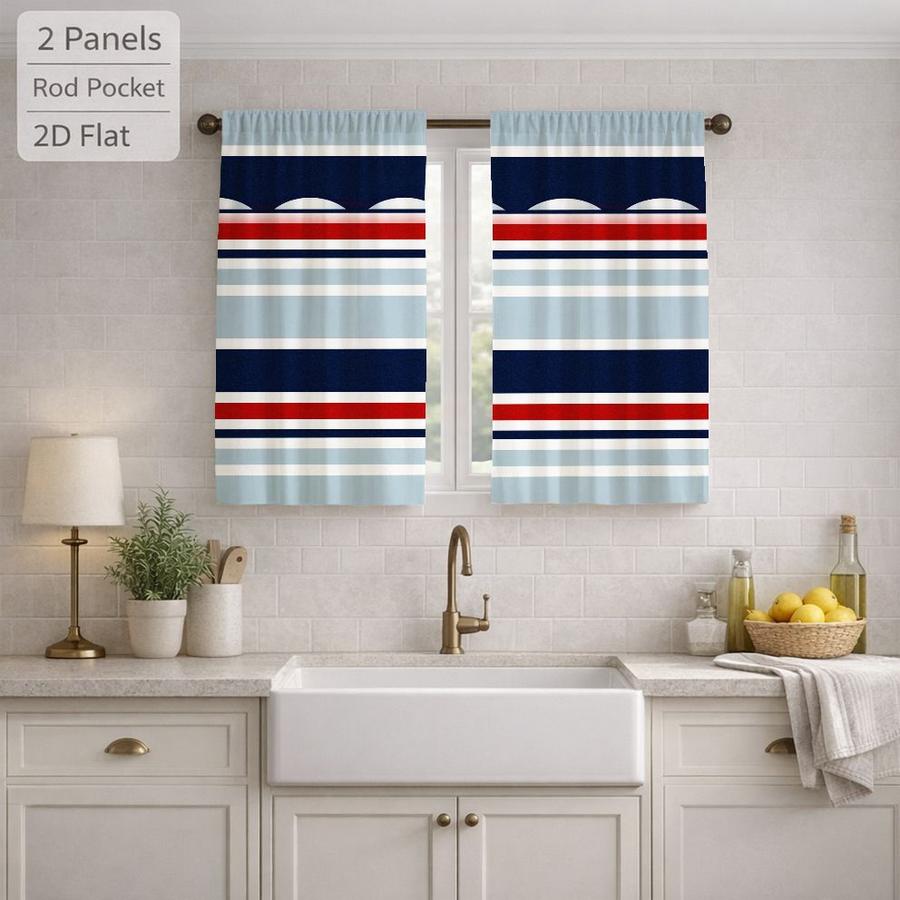 2Pcs Modern Striped Nautical Pattern Sun Blocking Curtains Digital Printed Rod Pocket, Window Treatment For Bedroom Office Kitchen Living Room Study Home Decor