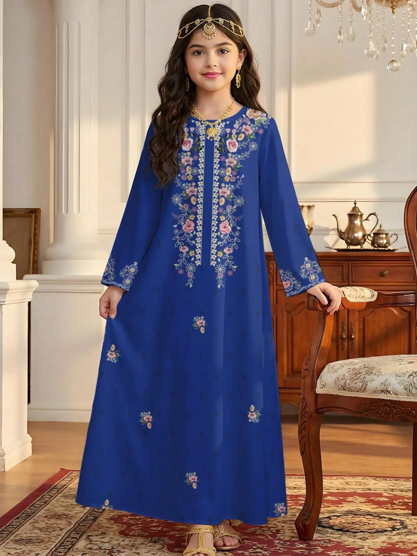 Children Floral Embroidered Dress, Elegant Islamic Abaya for Muslim, Ramadan, Weddings & Parties, Girls Blue Long Sleeve Skirt, Kids Girls Clothing