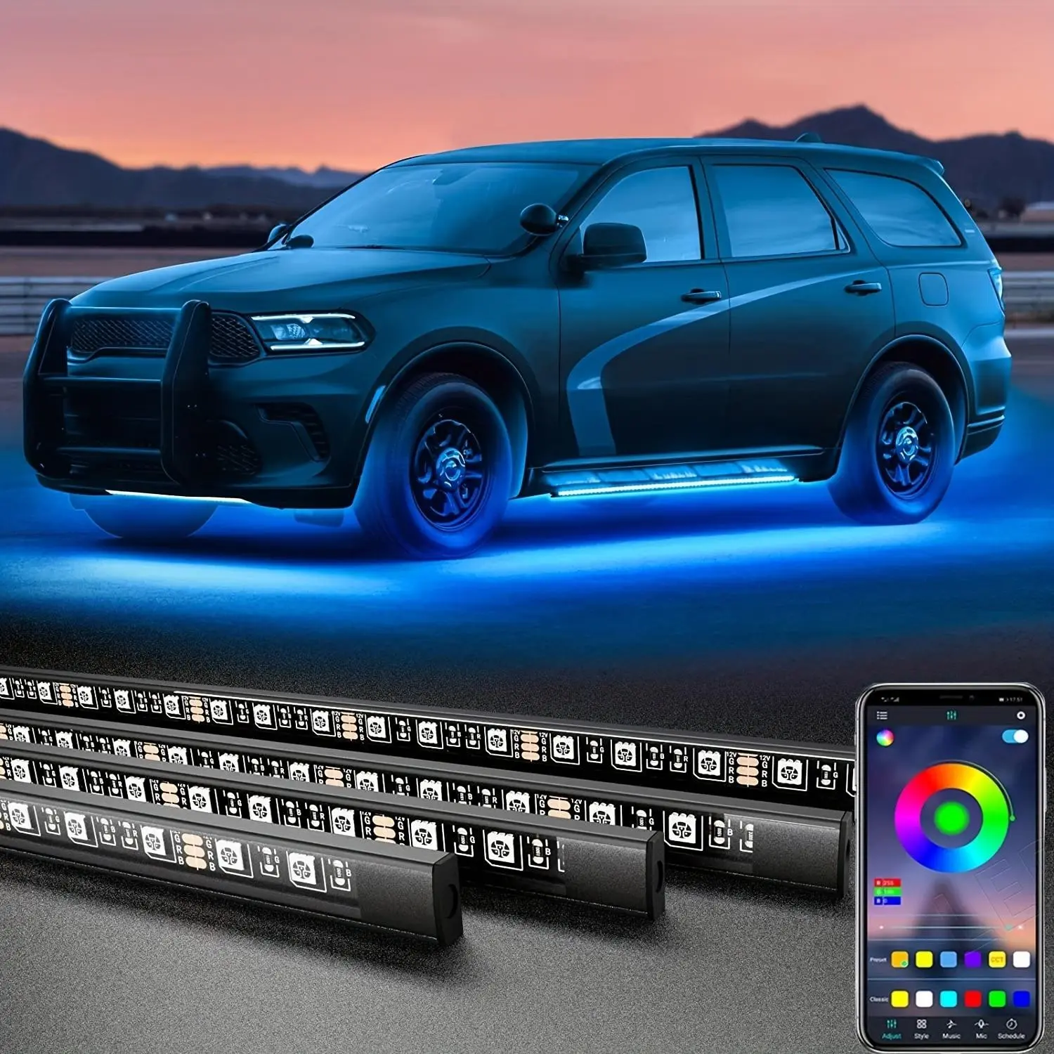 4 RGB Car LED Light Strips, APP-Controlled Music Mode, Waterproof Underglow LED Kit, Car Decorative Light, Led Lights For Car, Suitable for Suvs and Trucks
