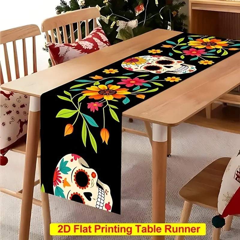 Mexican Day of the Dead Table Runner, Colorful Sugar Skulls and Marigold Design, Flat Printing, Durable Polyester, Easy Clean, Festive Folk Art Decor