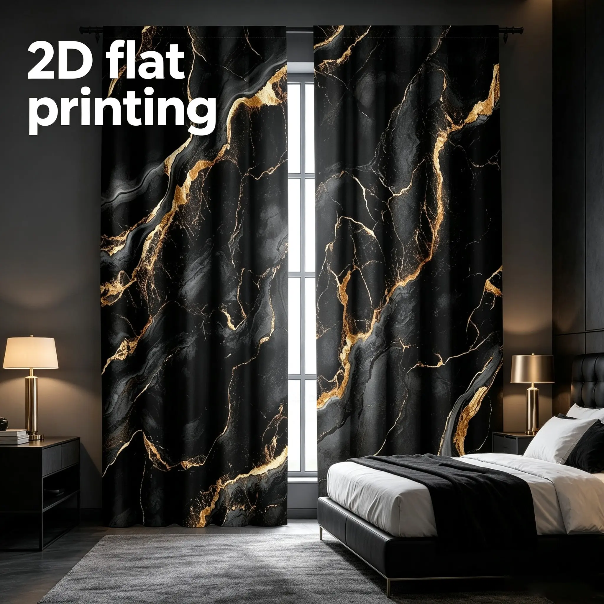 Two piece set of black and gold marble patterned curtains, smooth gold design, creating fashionable home decor, semi blackout polyester fabric curtains, Room Decor Curtain, Window Curtain, Home Decoration Curtain, Home Decorative Curtain