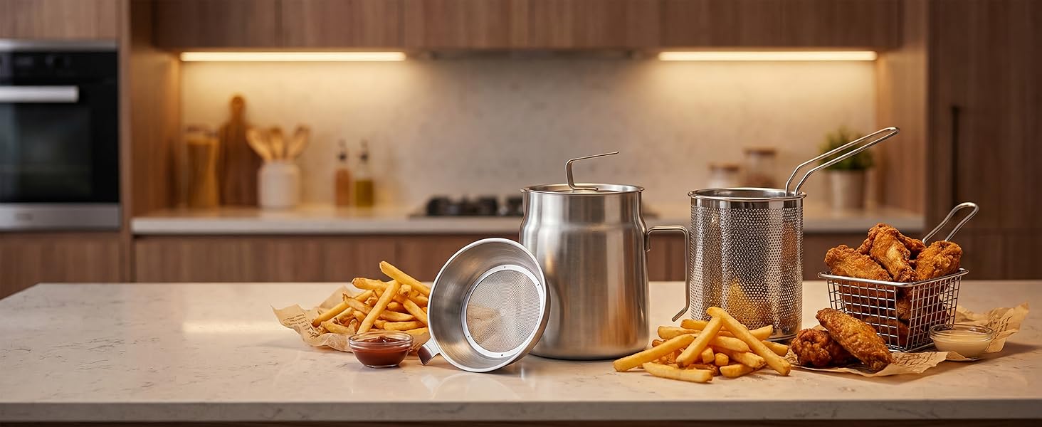 68oz Stainless Steel Oil Filter Pot with Deep Fryer Basket - Kitchen Large Capacity Versatile Oil Strainer Vessel and Bacon Grease Saver for Cooking Grease