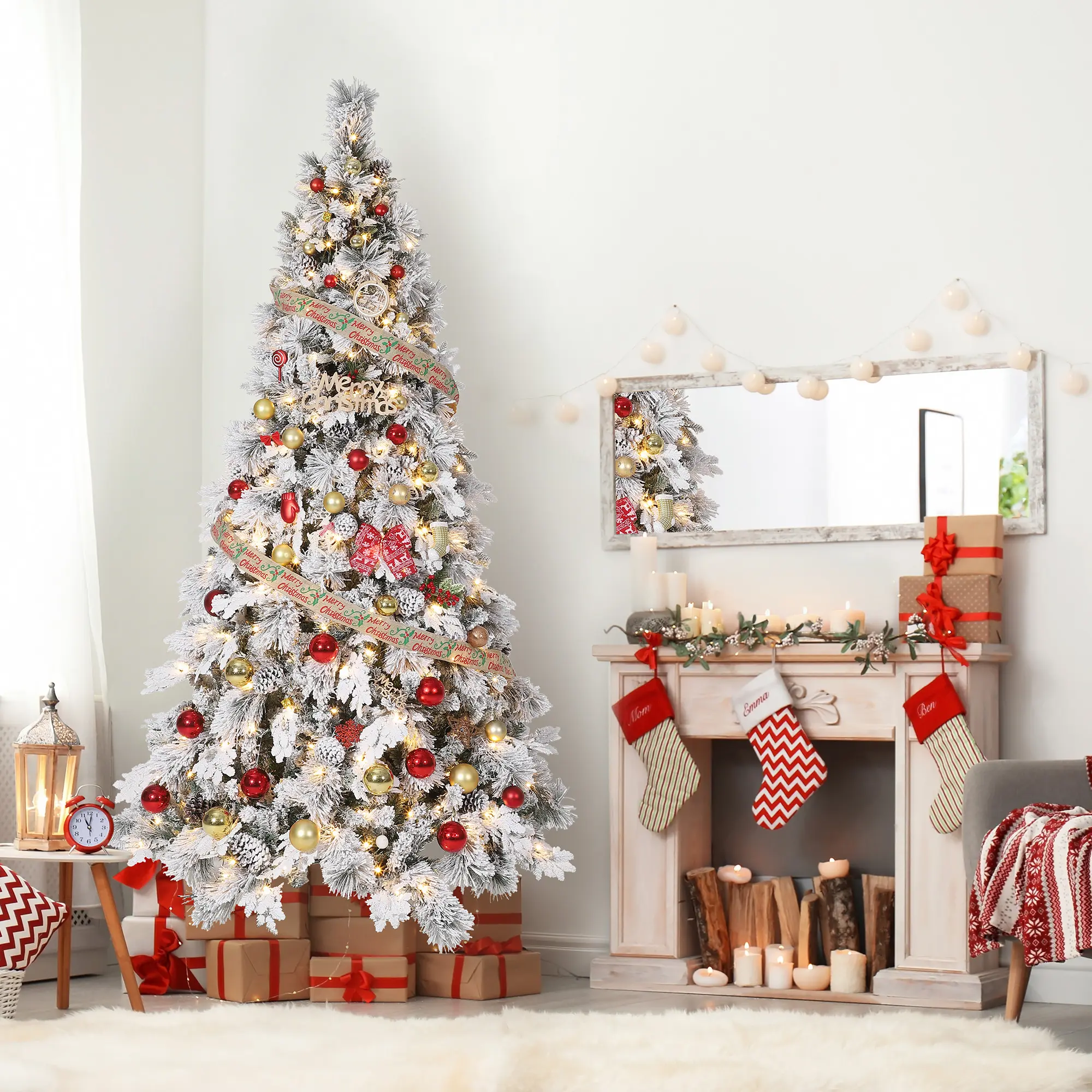 Prelit Snow Flocked Fraser Fir Christmas Tree – 7FT Artificial, Warm White Lights, Dense Hinged Sections, 800 Suggestions, Realistic Holiday Decor, Metal Stand, Easy Assembly, Indoor/Outdoor
