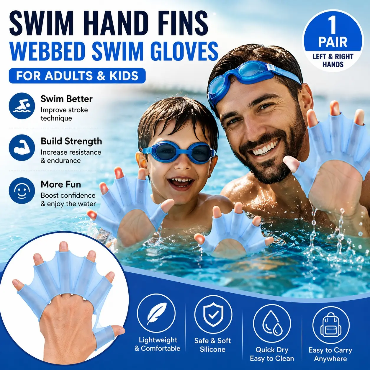 Swim Hand Fins | Webbed Swim Gloves for Adults & Kids | Swim Training & Swimming Pool Practice