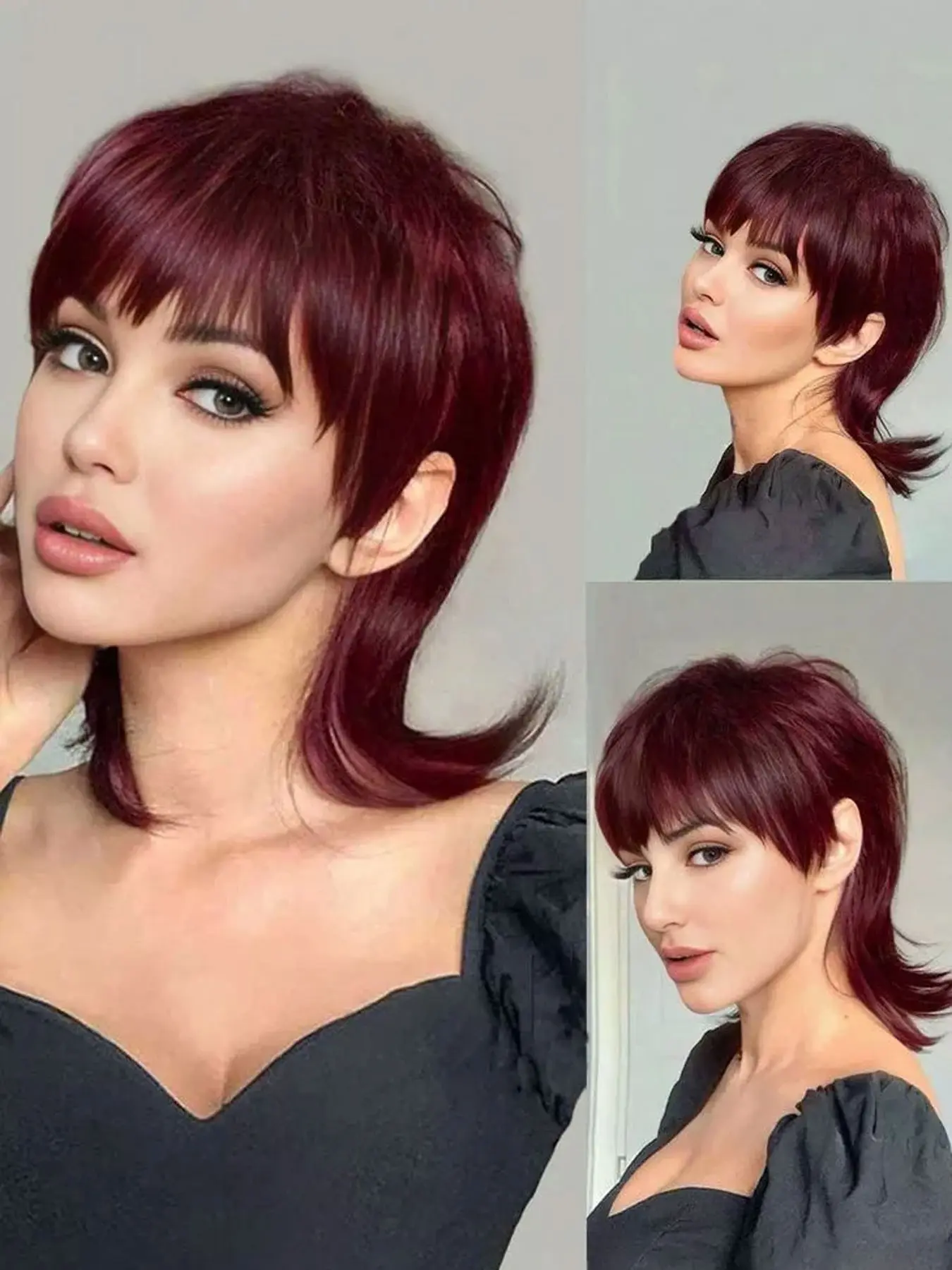 14 inch Wine Red Mullet Wig Wolf Cut Wig with Bangs, 80s 90s Wigs for Women Short Synthetic Straight Layered Shag Wig, Glam Punk Rockstar Heat Resistant Straight Hair with Rose Net Cap, for Costume Cosplay Party Halloween