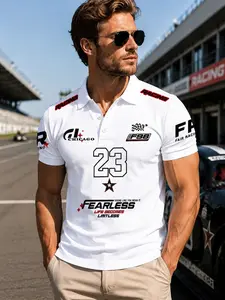 Base 23 Number Racing Fearless Slogan Full Print Polo Shirt, Breathable Men's Streetwear Button Front Short Sleeve, Spring & Fall Casual
