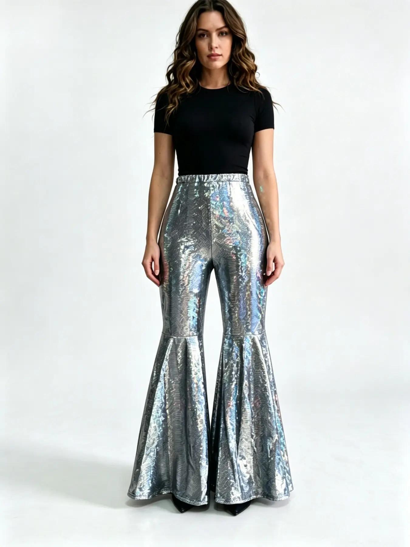 Laser Silver Glitter High-Waisted Sequin Bell Bottom Pants, Perfect for Nightclubs, Bars, Stage Performances, Photo Shoots, Bell Bottomed Pants