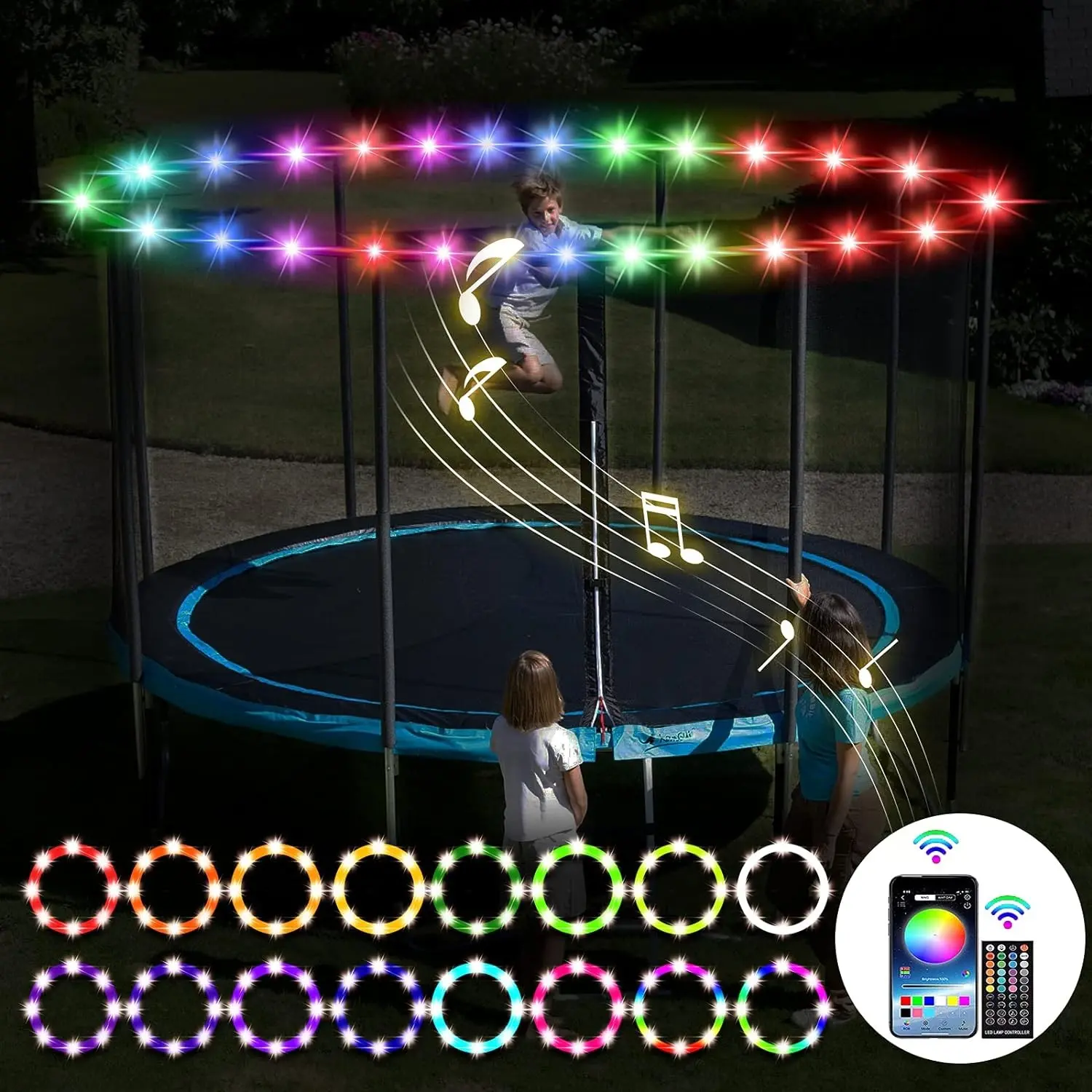 Smart APP Trampoline Light, LED Lamp for 16ft-10ft Trampolines, USB Powered, Ip65 Rated, Rgbic Colors, Remote & APP Control, Syncs Music, Bright Night Use