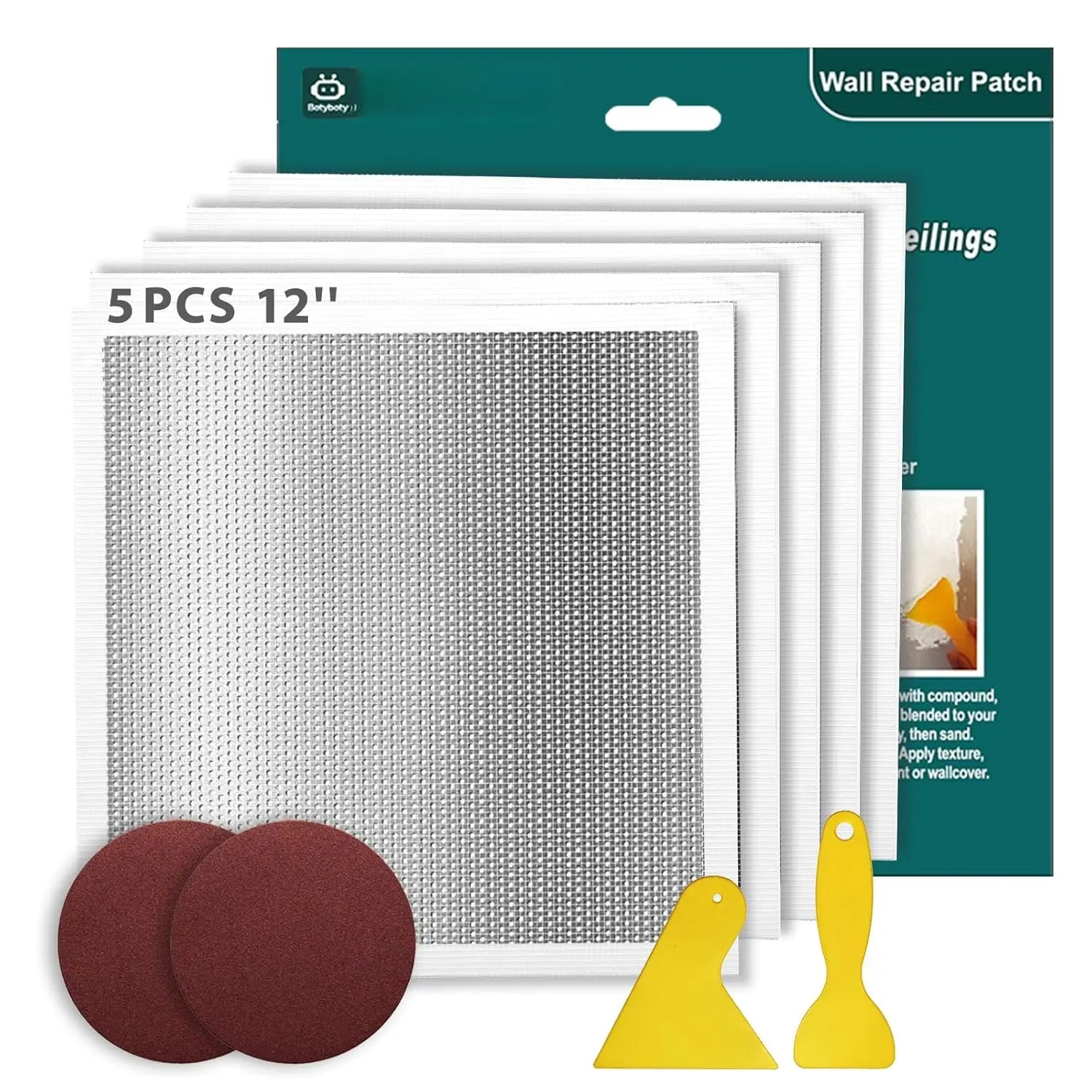Drywall Repair Kit 12 x 12 Inch Drywall Patch Kit Large Hole (5Pcs) Wall Patch Repair Kit for Ceiling Large Holes Heavy Duty Extended Self-Adhesive Mesh Dry Wall Patches Kits with Scraper Sandpaper