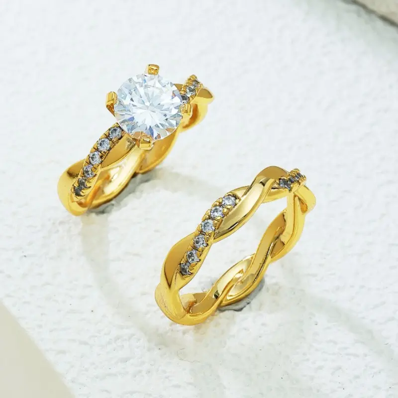 Twisted Band Engagement Ring Set for Couples, 4-Prong Solitaire Promise Ring & Wedding Band, Elegant Statement Jewelry Gift for Her & Him