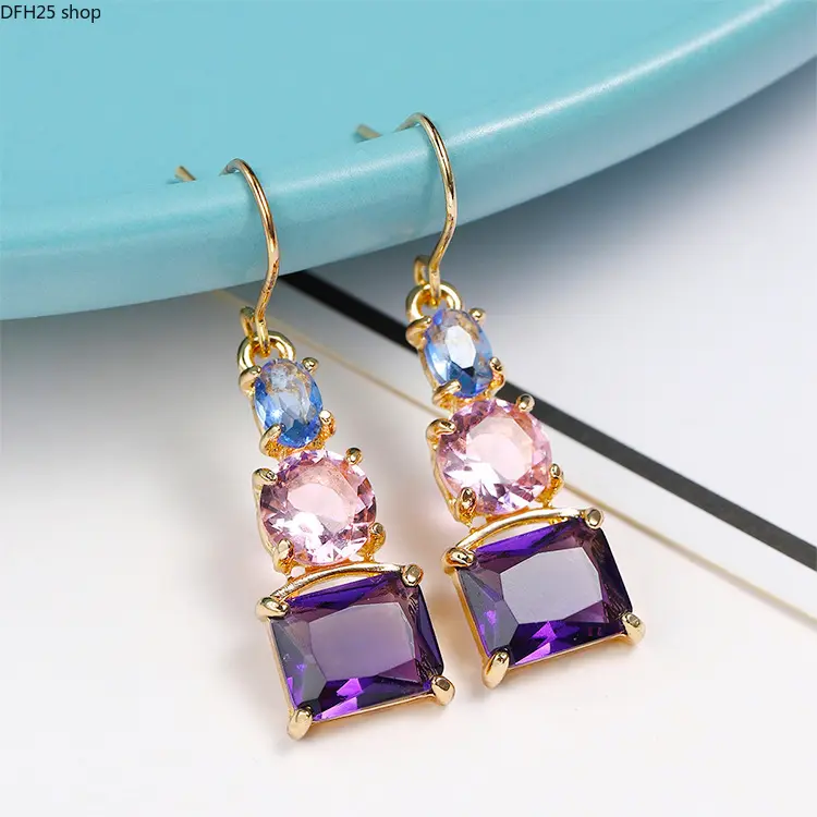 Purple Crystal Drop Earrings With Geometric Square Design, Gold Tone Dangle Jewelry For Women, Colorful Gemstone Style Earrings For Daily Wear, Parties And Special Occasions