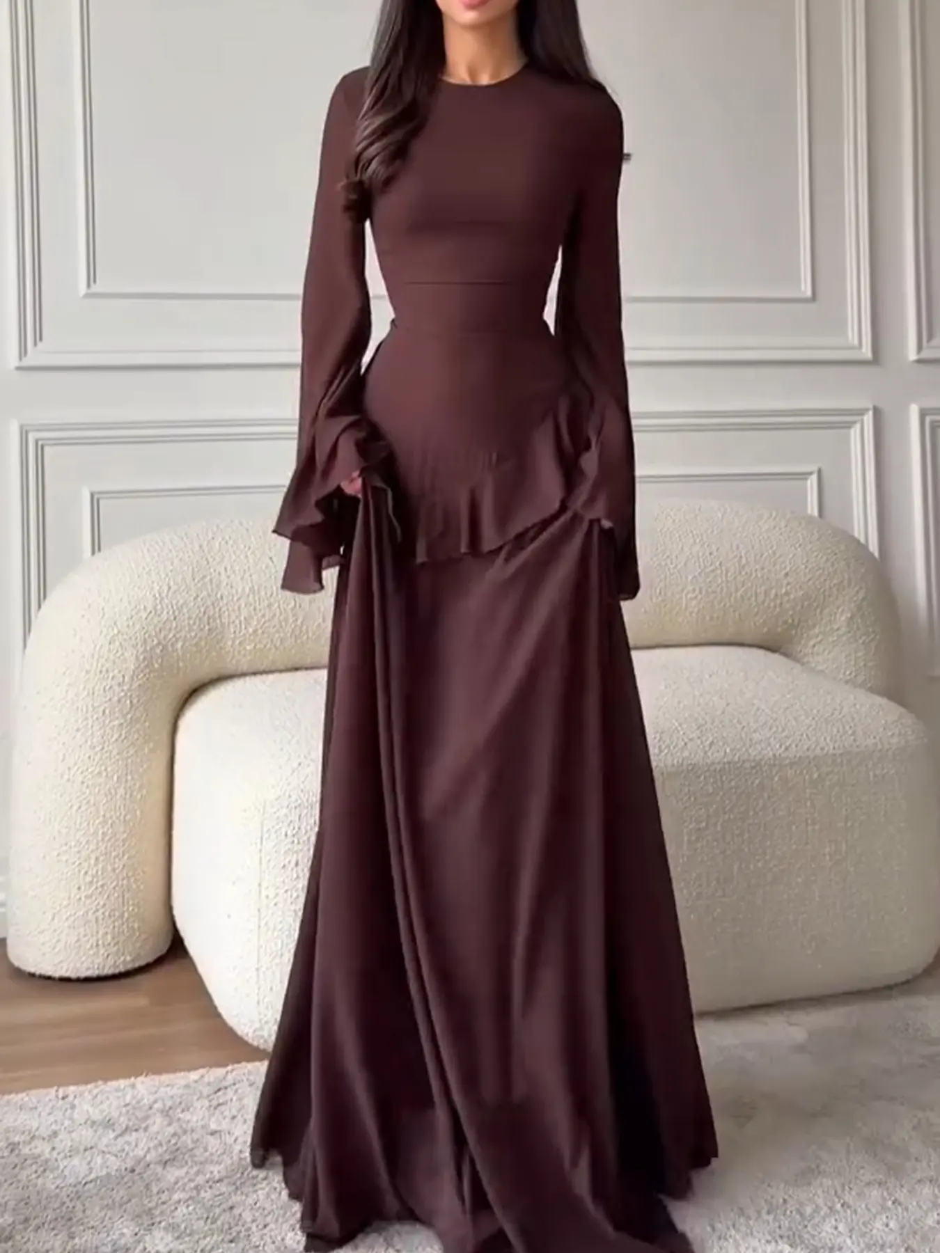 Elegant Chic Long Sleeve Women Party Dress, Bell Sleeve Ruffle Detail, Waist Cinched Design, French Vintage Style, Formal Wear Evening Gown for Gala Events, Elegance, Ball Gown