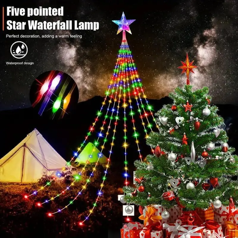 Outdoor Christmas Lights, Christmas Decorations, Waterfall Light, Star String Lamp with Remote, 9.8 Ft 282 LED Light Up, 8 Modes, Waterproof, Halloween New Year Decor, Holiday Decor