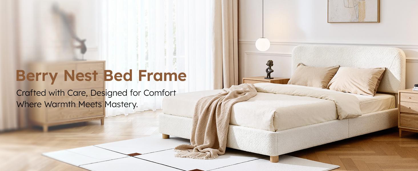 Queen Size Cloud Bed Frame, Soft Boucle Bed Frame with Adjustable Headboard, Solid Wood Legs, Rounded Corners Design & Easy Assembly – Modern Platform Bed,Cream
