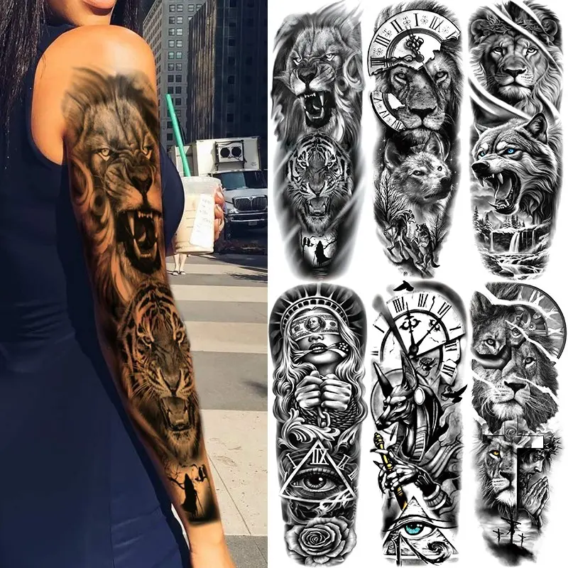 6 Pcs Full Arm Temporary Tattoo Stickers, Waterproof Realistic Lion Wolf Design, Body Art Sexy Tattoos for Men Women, Party Gifts