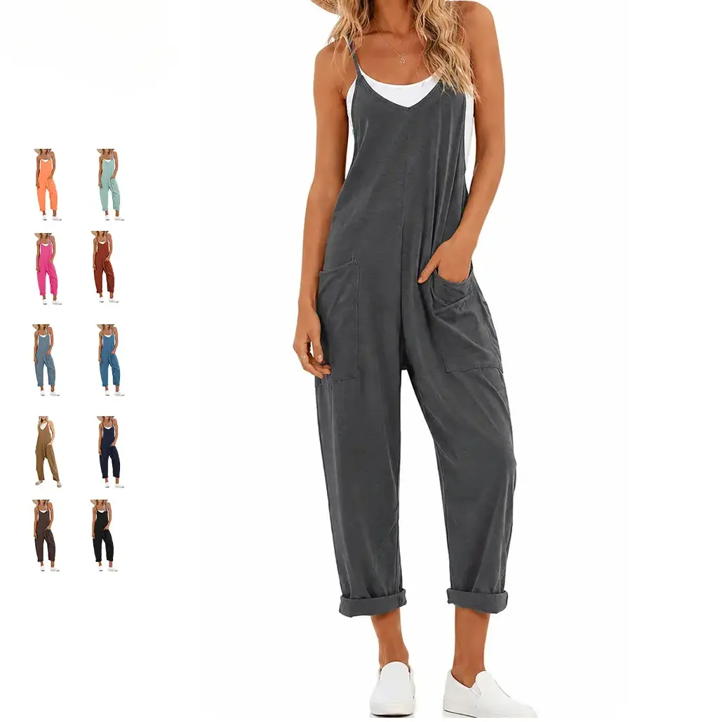 Women's Lightweight Cotton Harem Jumpsuit, Soft V-Neck Maternity Overalls with Adjustable Spaghetti Straps and Pockets, Chic, Crop Top