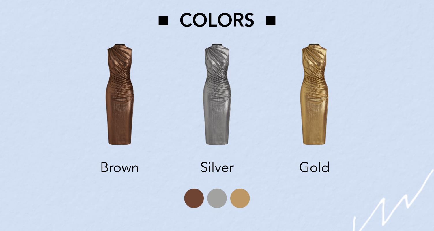 Women's Metallic Stand Collar Solid Ruched Midi Dress, 3 Colors, Size Range 0-26