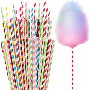 100Pcs Colorful Cotton Candy Sticks - 13.8 Inches Stripe Paper Sticks Cotton Candy Sugar Making Supplies, Extra Long Paper Straws for Party