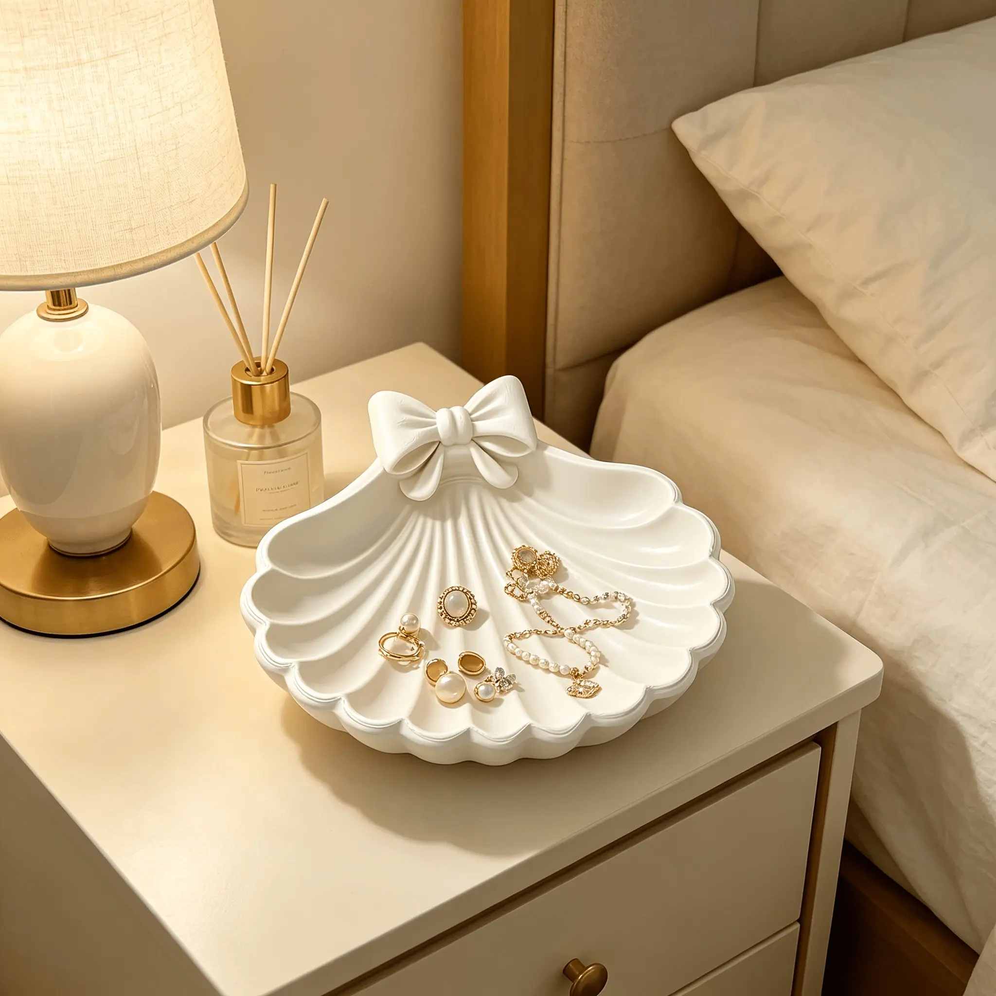 3D Printed Bow Shell Jewelry Tray, Elegant Luxury Home Decor, Storage for Rings, Keys, Earrings, Practical and Artistic, Perfect for Daily Use