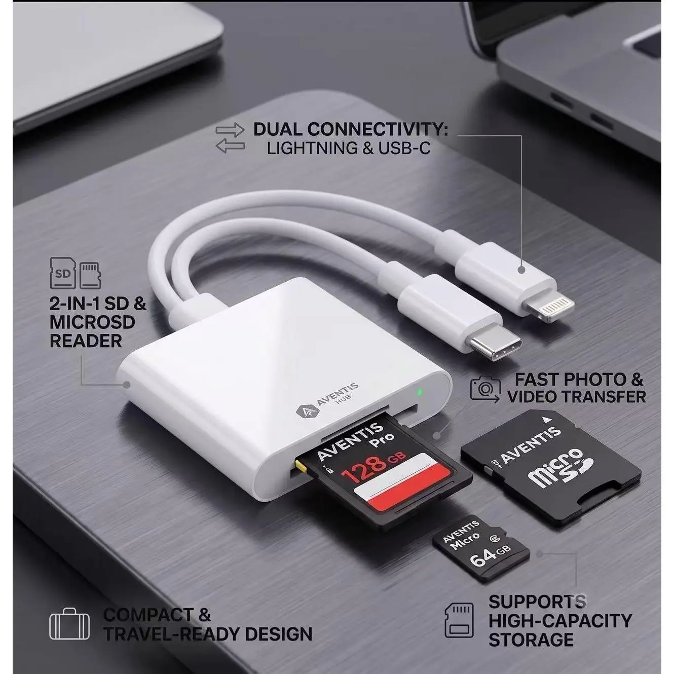 Dual Slot Type-C SD Card Reader for Camera, 2 in 1 Portable Memory Card Adapter, Fast Data Transfer Hub for Home Office Travel, Work with MacBook iPad Android Phone