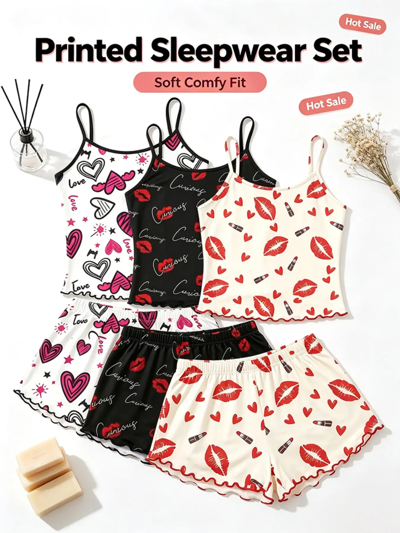 Women's Sleepwear 6 Pack Value Matching Set Red Lipstick Kiss Heart Love Letter Print Summer Spaghetti Strap Lettuce Ruffle Hem Contrast Trim Soft Breathable Lightweight Stretchy Cami Top Shorts Home Lounge Casual Daily Wear Multipack Sleep Set