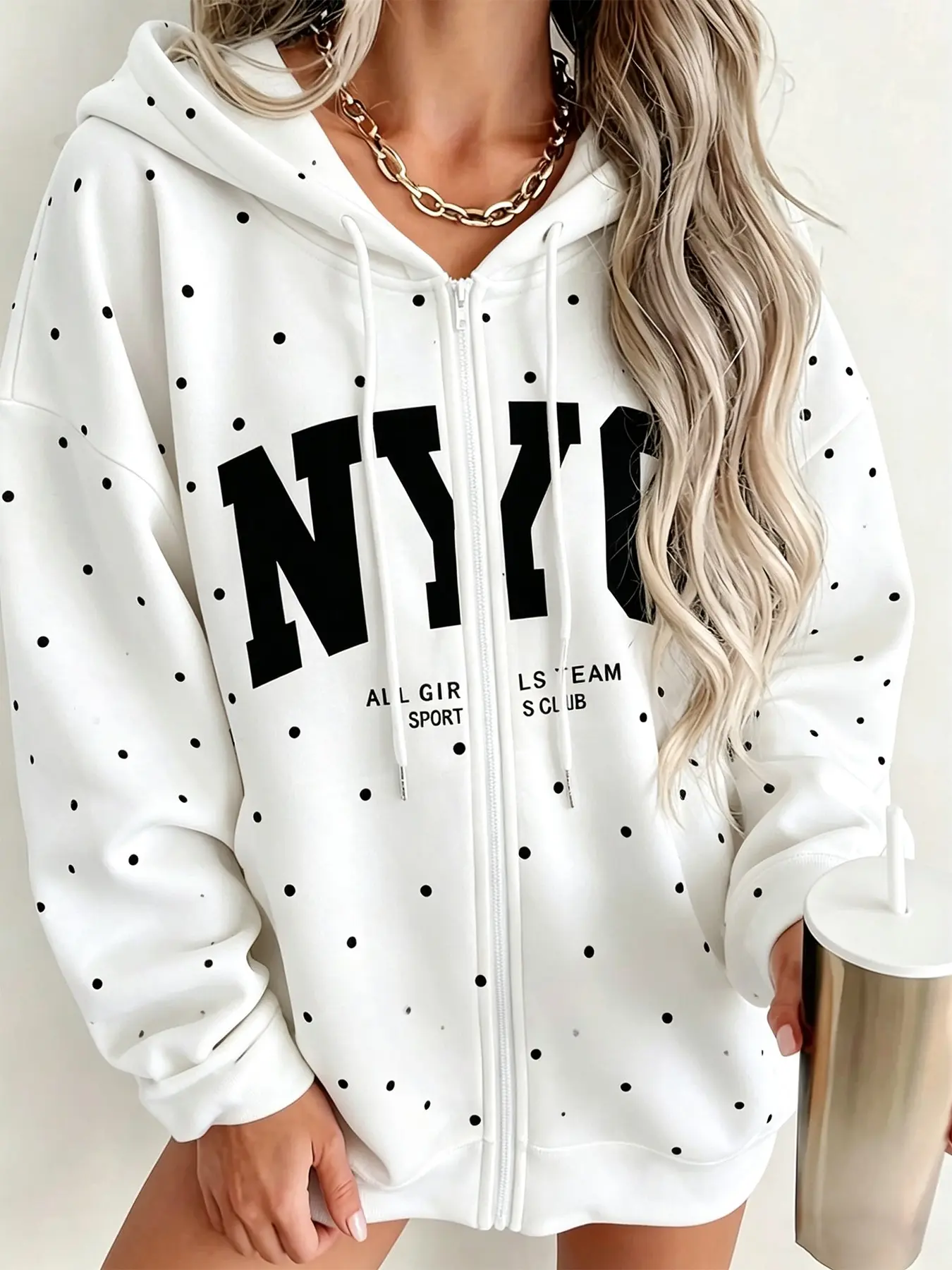 Women Oversized Zip Up Hoodie, Polka Dot NYC Letter Print Drawstring Hooded Jacket, Y2K Streetwear, TikTok Viral Trendy Aesthetic Outfit For US UK Ladies, Perfect For Daily Casual, Shopping, Campus, Home Lounge Fall Winter Daily Wear
