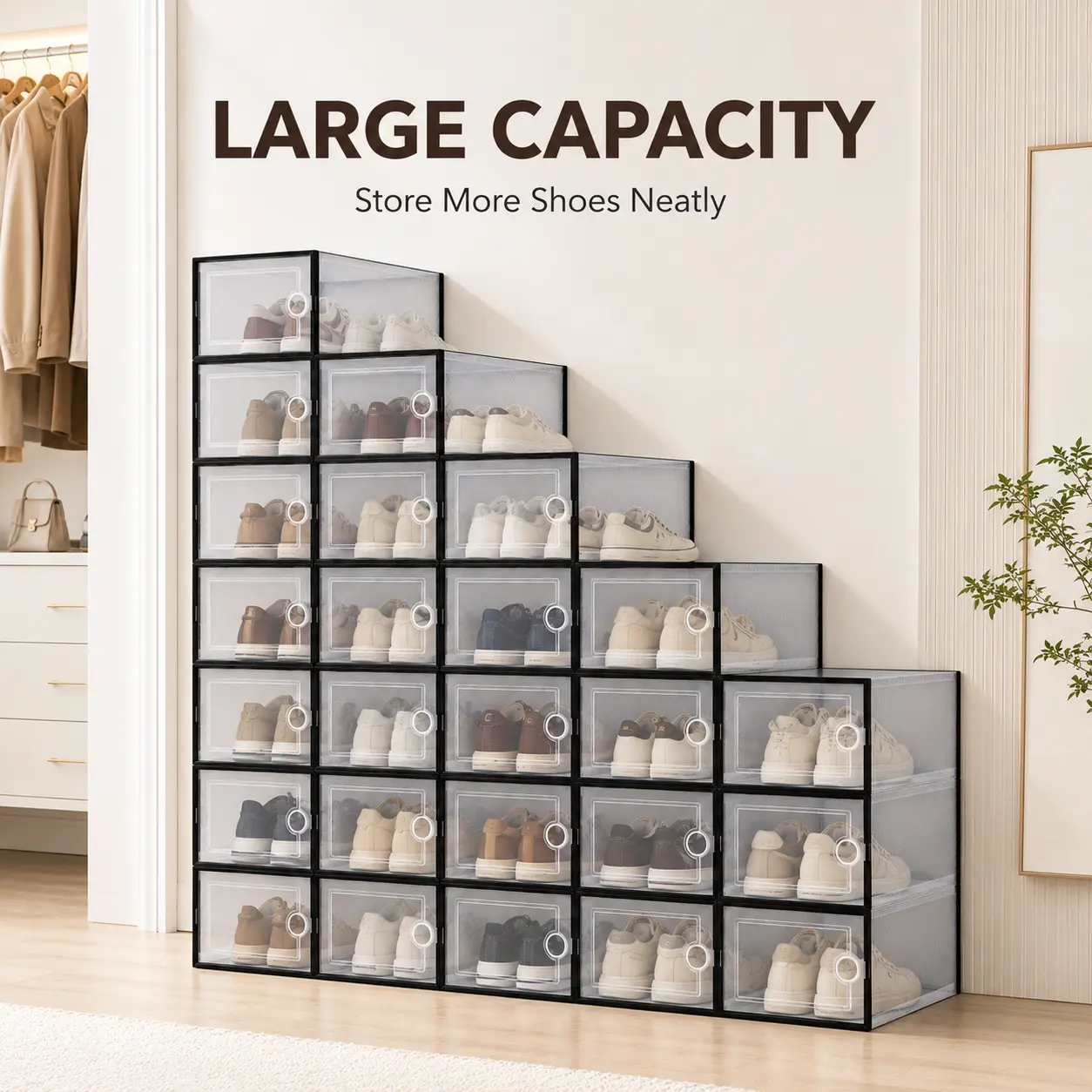 Premium Plastic Stackable Shoe Storage Container - Compact Square-Shape Home Organizer with Magnetic Door, Box Packaging for Sneaker Display & Protection, Ideal for Ramadan Decoration