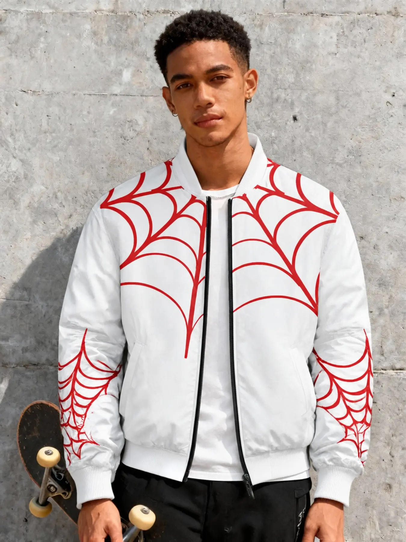 Men's Spider Web Print Bomber Jacket, Street Style Long Sleeve Outerwear, Casual Slim-Fitting Top, All over Print Design, Casual Fashion Jacket