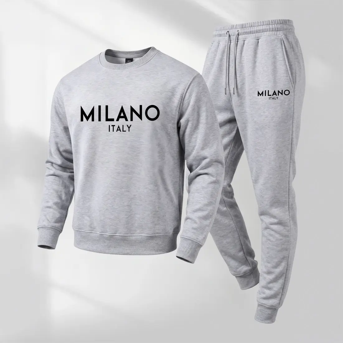 Men's 2-Piece Minimalist Milano Graphic Crewneck Sweatshirt & Jogger Set - Polyester, Loose, Casual Long-Sleeve Pullover, Drawstring Pants, Menswear for Day Wear, Fall Winter Tracksuit, Breathable