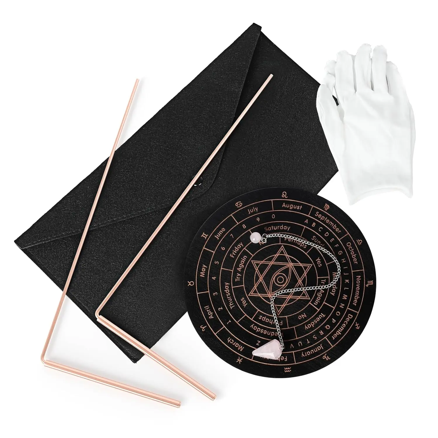 Dowsing Rods Kit,Dowsing Rod Spiritual for Hunting| 99.9% Pure,Divining Rods with Bag,Gloves,Pendulum Board,Pink Crystal Pendulum